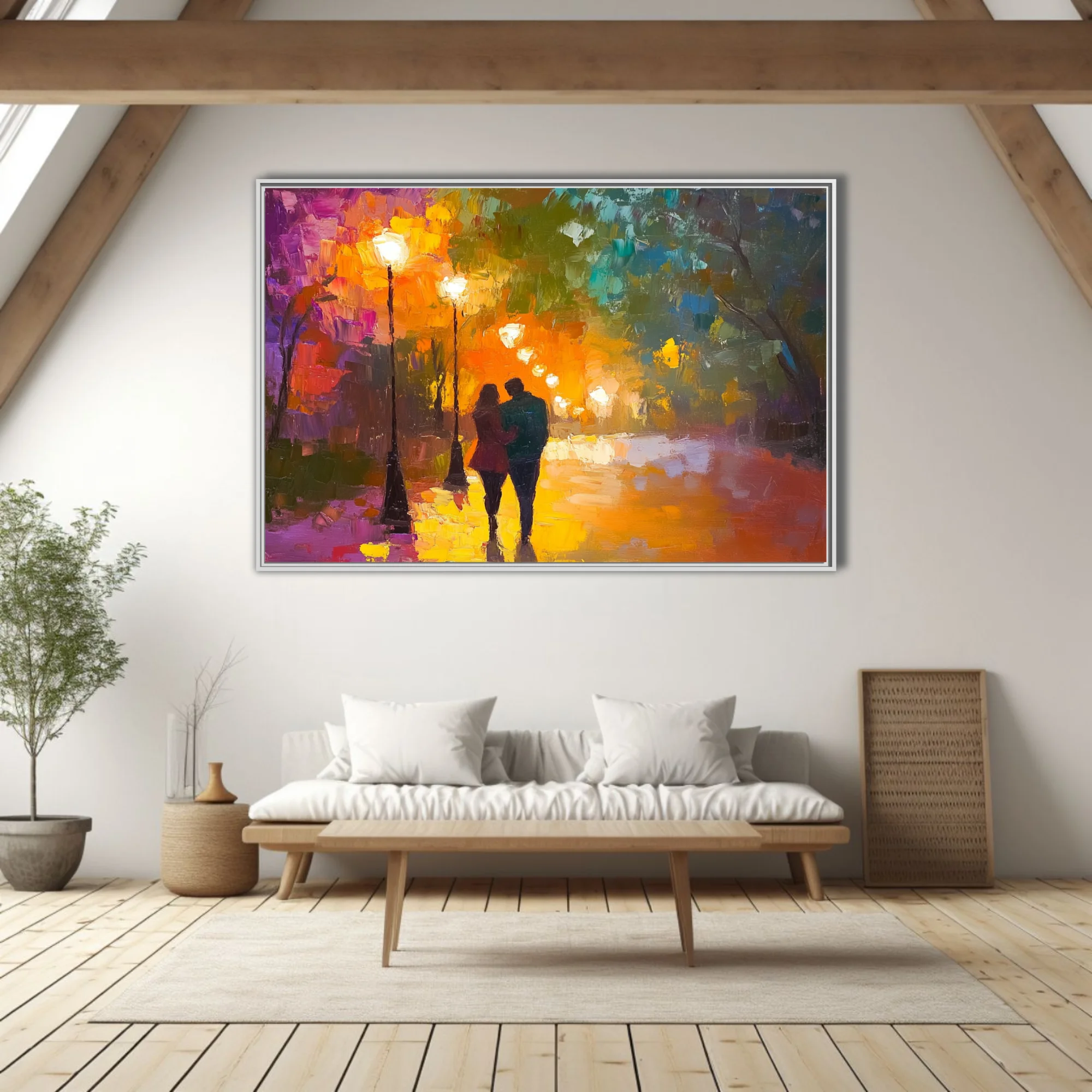 Couple on lamplit path in vivid landscape with magenta, orange and emerald tones
