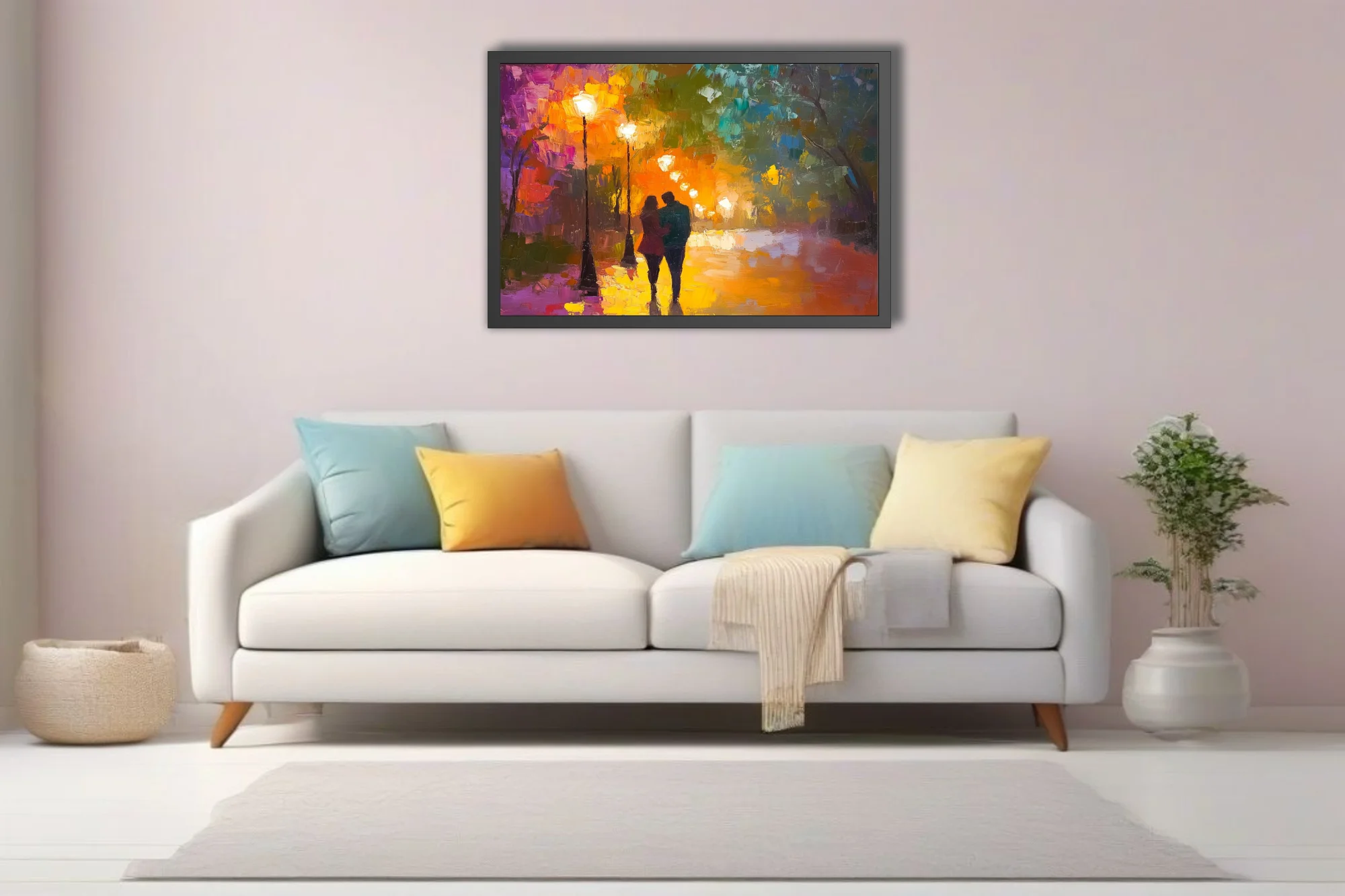 Couple on lamplit path in vivid landscape with magenta, orange and emerald tones