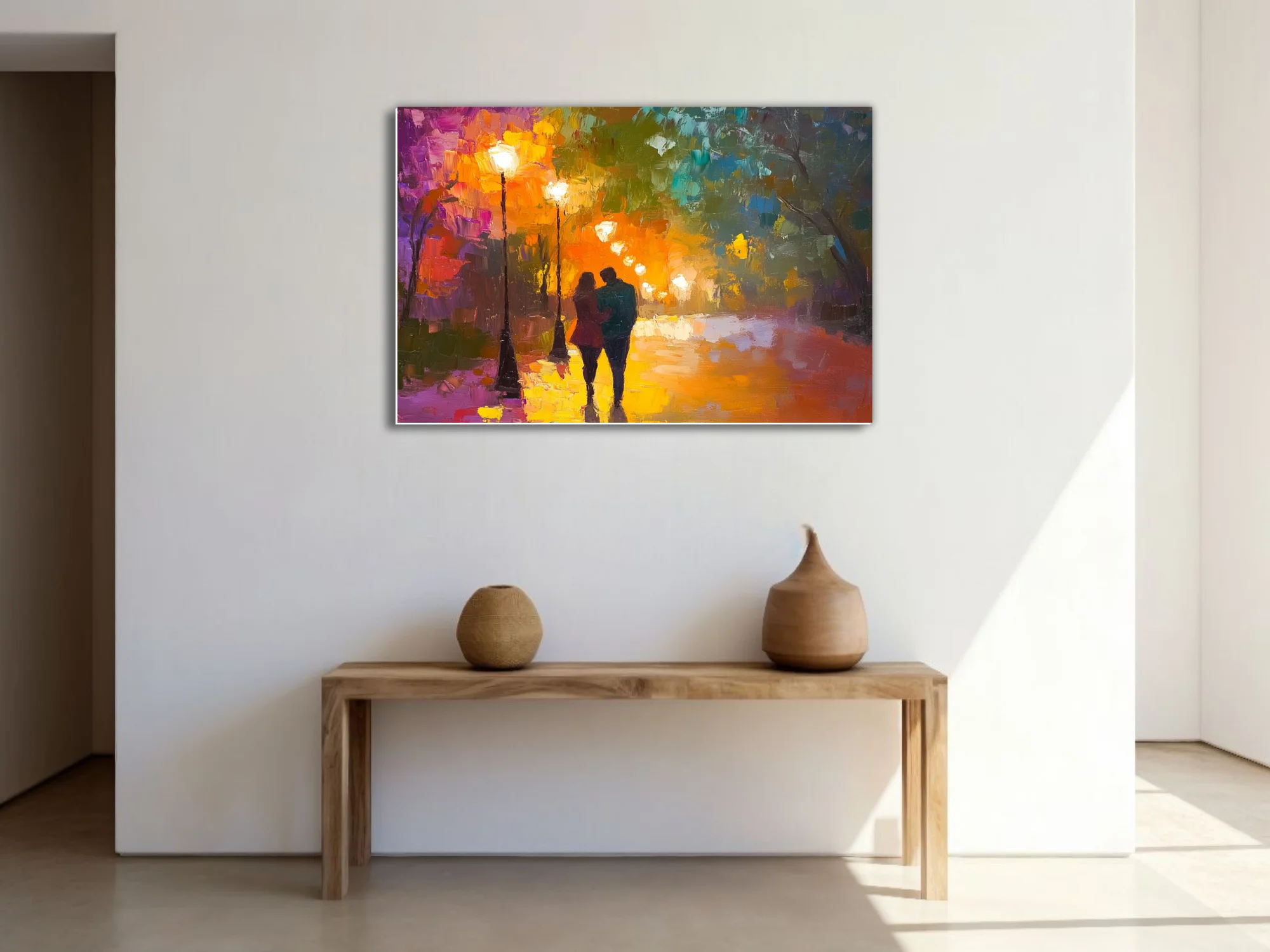 Couple on lamplit path in vivid landscape with magenta, orange and emerald tones