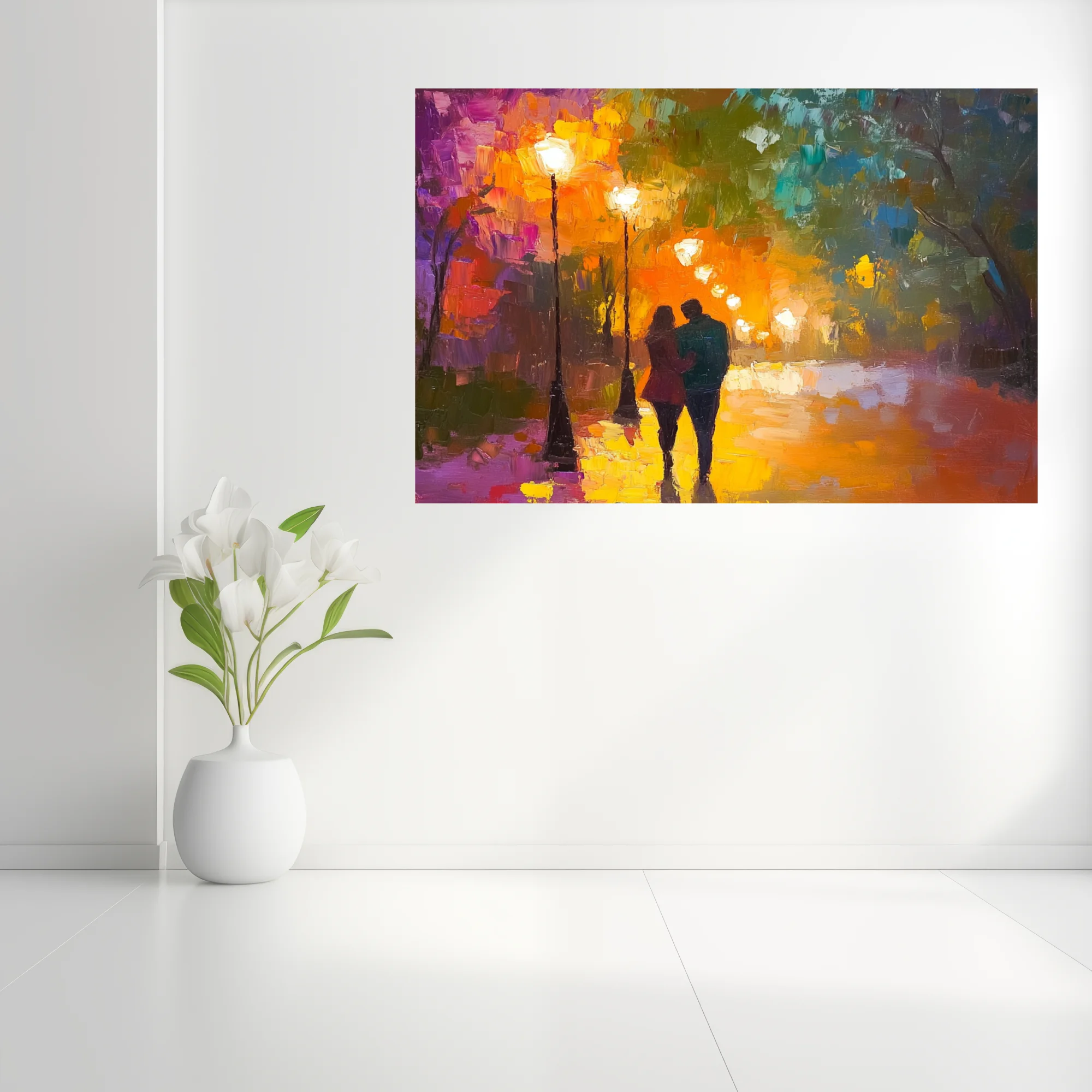 Couple on lamplit path in vivid landscape with magenta, orange and emerald tones