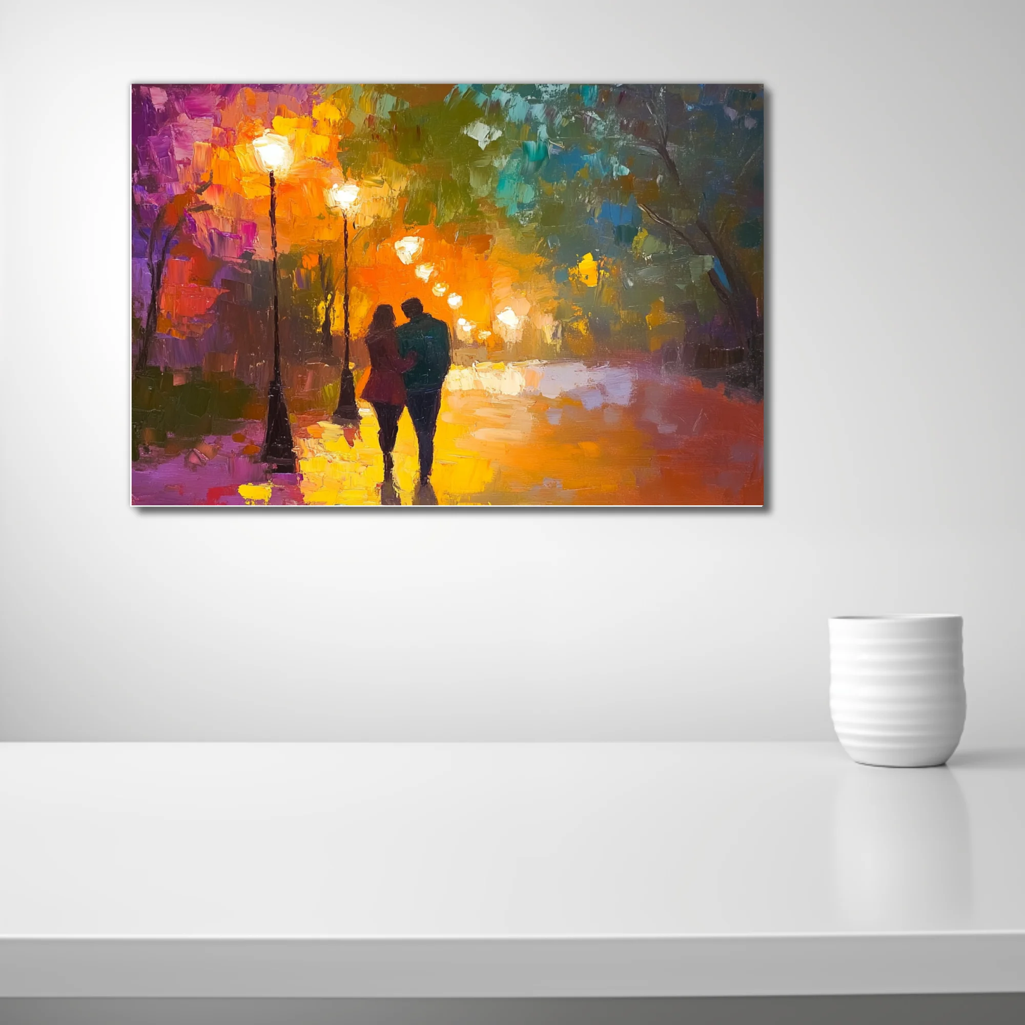 Couple on lamplit path in vivid landscape with magenta, orange and emerald tones