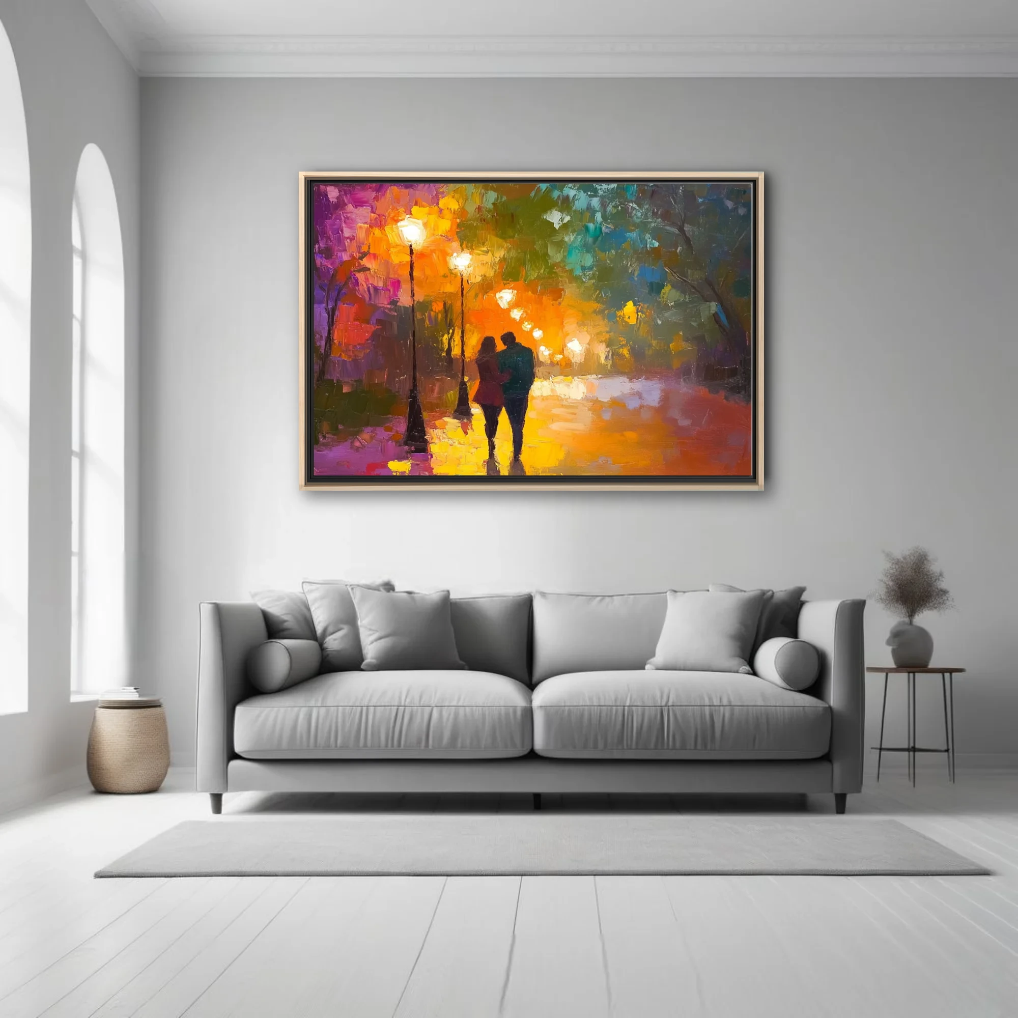 Couple on lamplit path in vivid landscape with magenta, orange and emerald tones