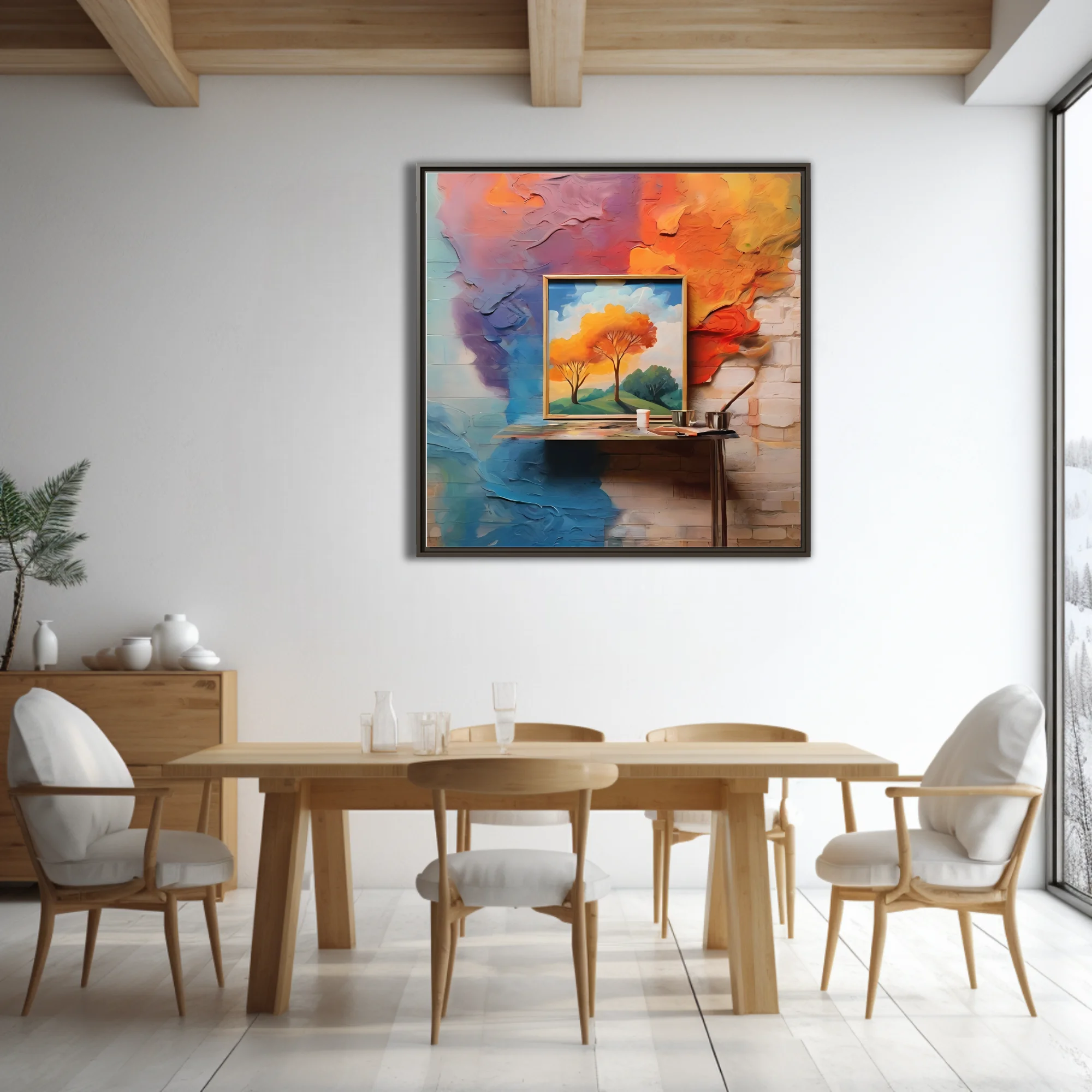 Expressive abstract landscape art with vivid orange foliage and bold painted wall textures