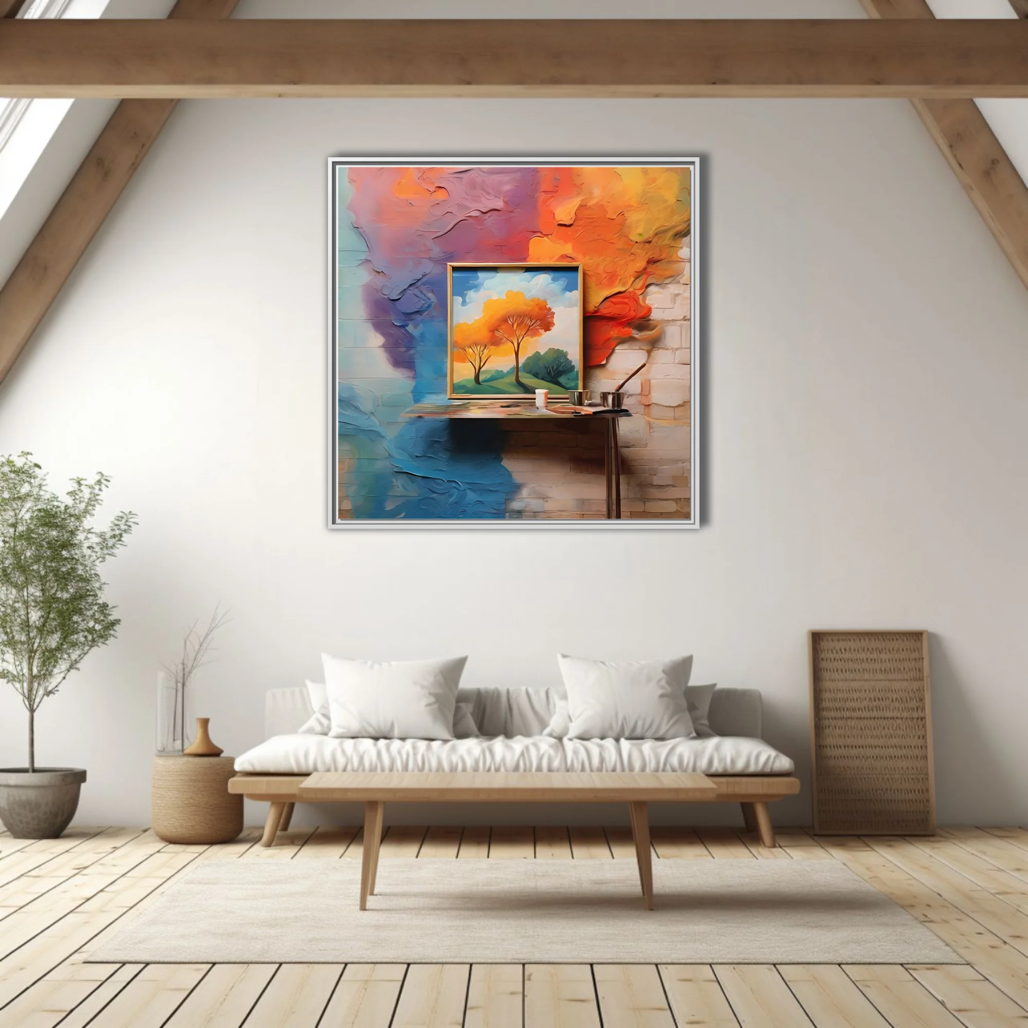 Expressive abstract landscape art with vivid orange foliage and bold painted wall textures