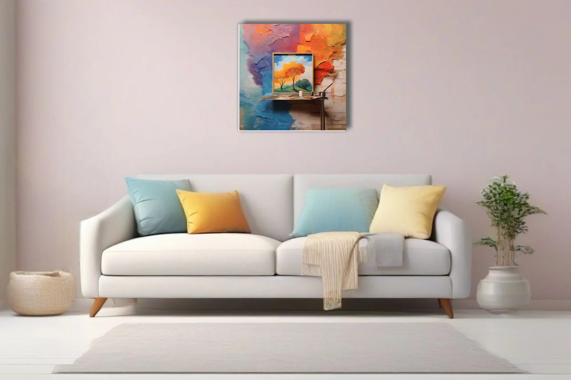 Expressive abstract landscape art with vivid orange foliage and bold painted wall textures