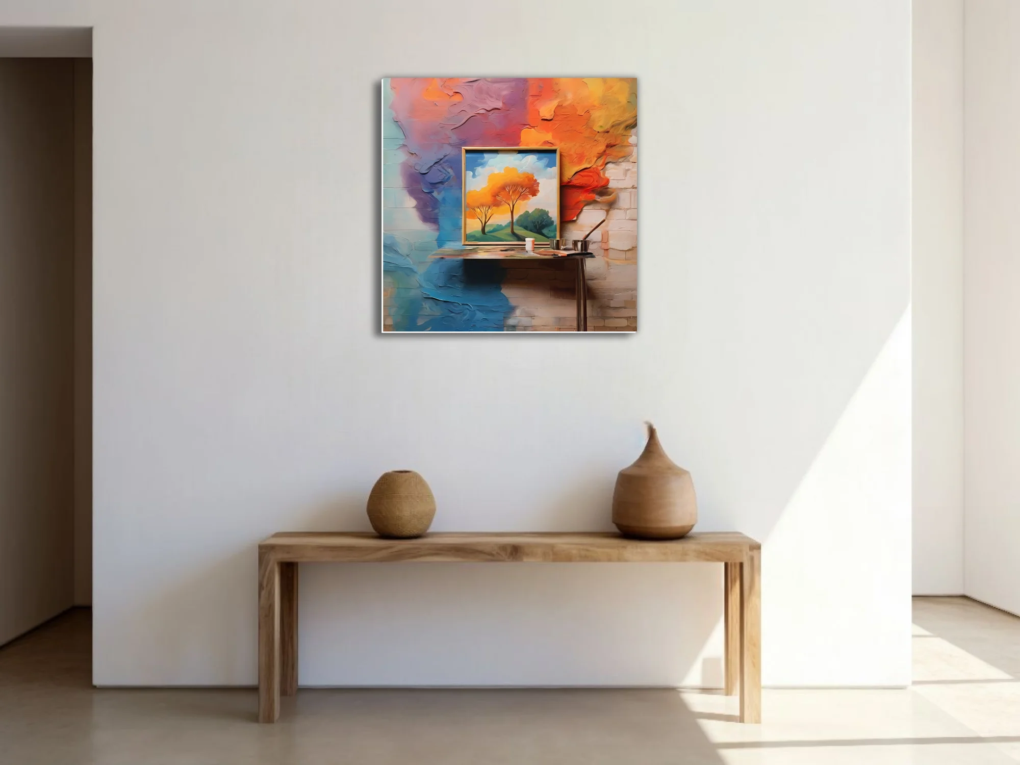 Expressive abstract landscape art with vivid orange foliage and bold painted wall textures