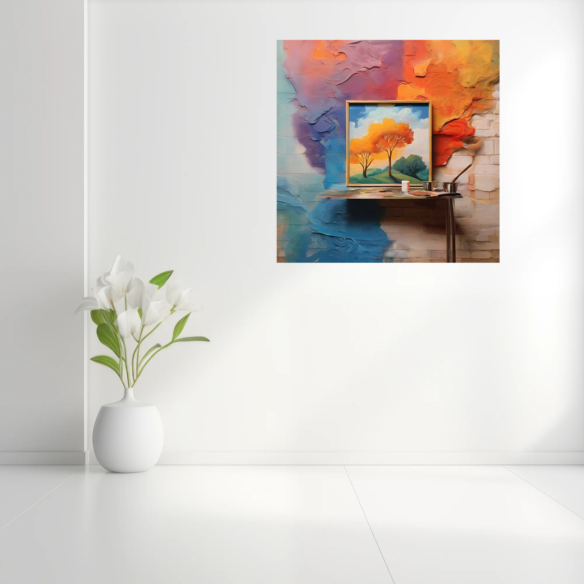 Expressive abstract landscape art with vivid orange foliage and bold painted wall textures