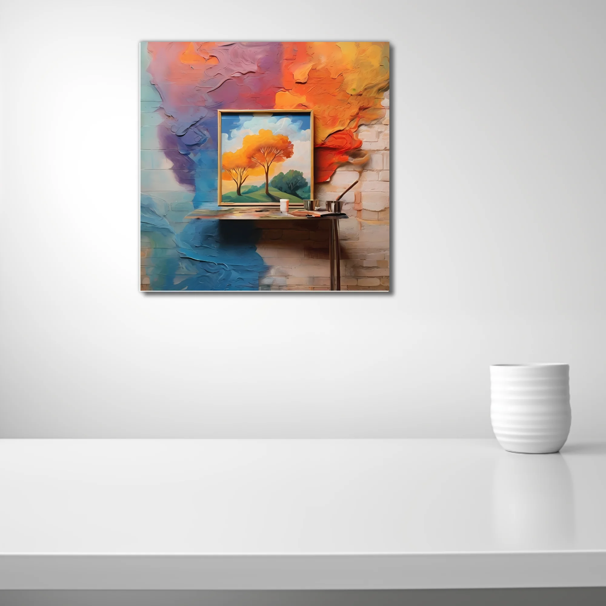 Expressive abstract landscape art with vivid orange foliage and bold painted wall textures