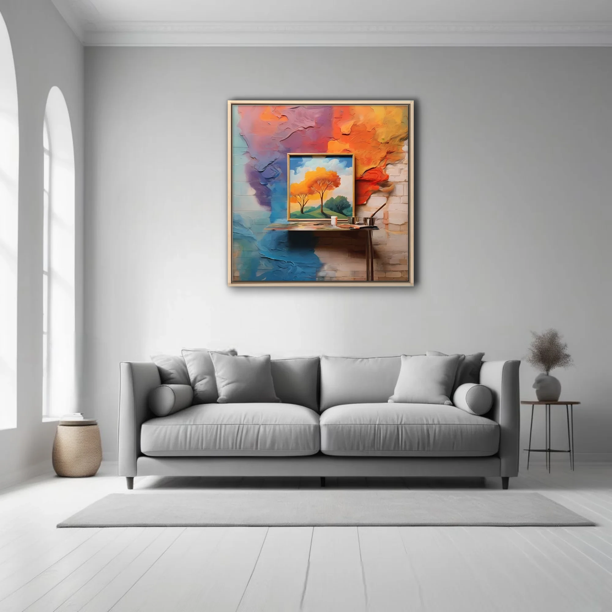 Expressive abstract landscape art with vivid orange foliage and bold painted wall textures