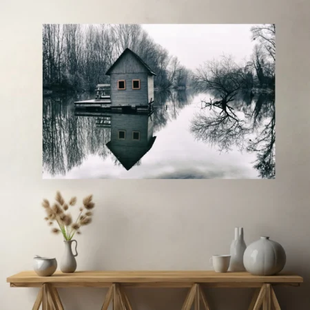 Monochromatic winter lake scene with wooden cabin reflecting on still water
