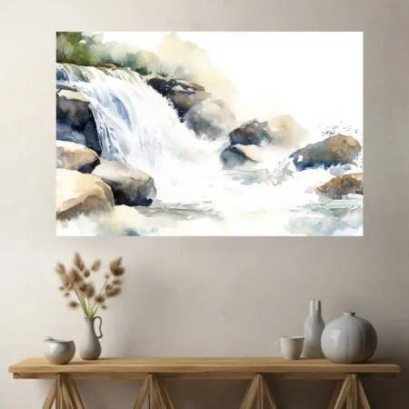 Watercolor-style waterfall and rocky stream scene in soft blues and earthy tones