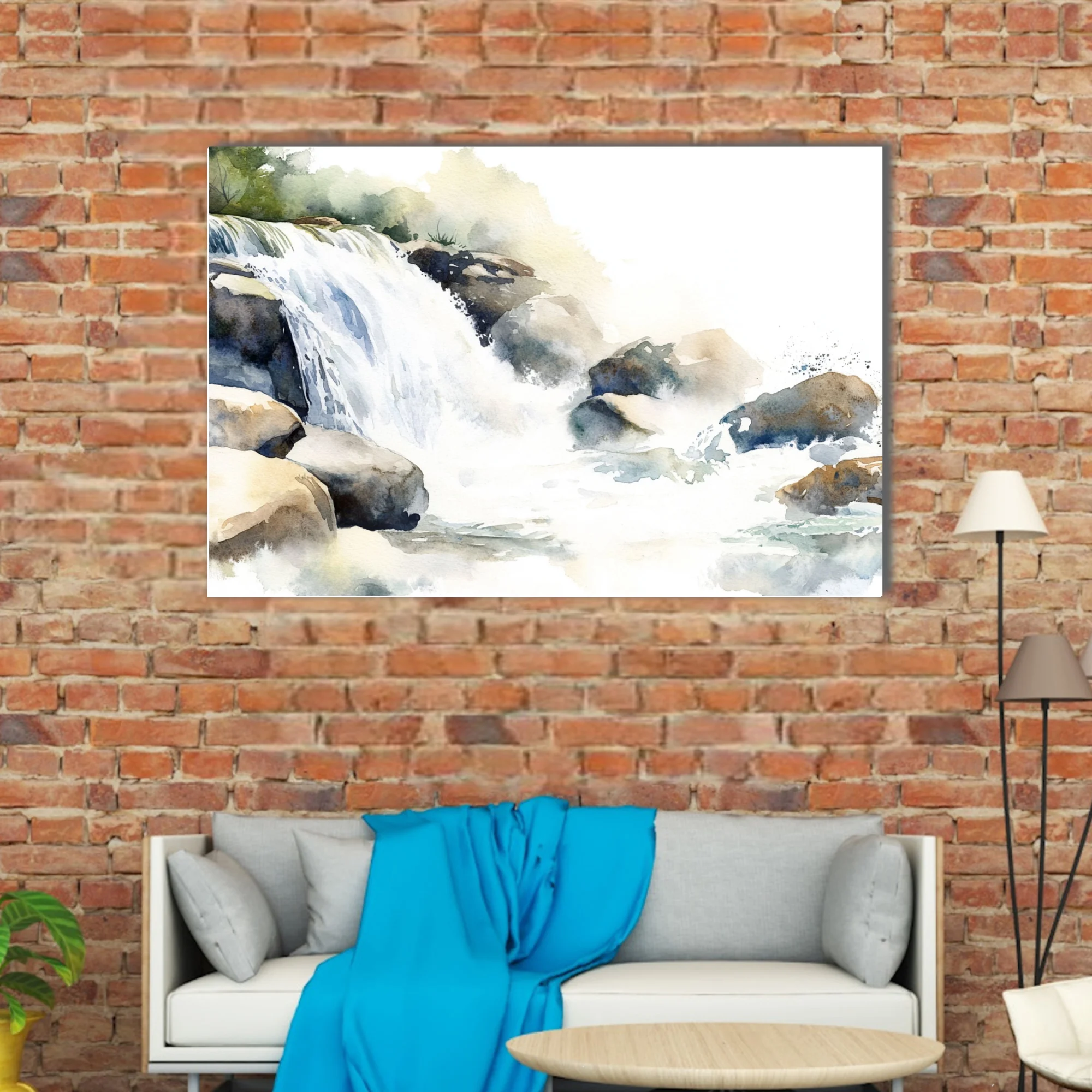 Watercolor-style waterfall and rocky stream scene in soft blues and earthy tones
