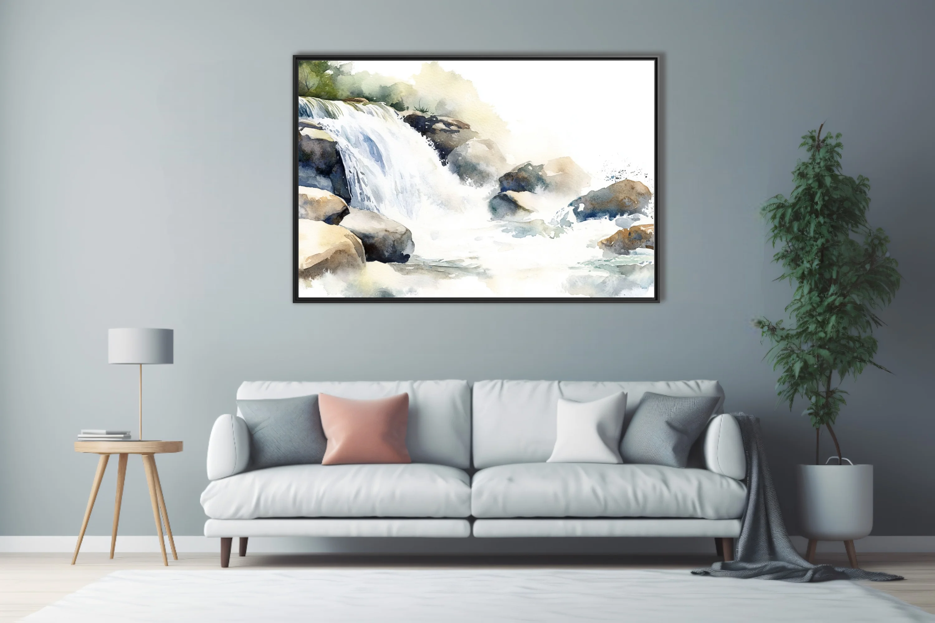 Watercolor-style waterfall and rocky stream scene in soft blues and earthy tones