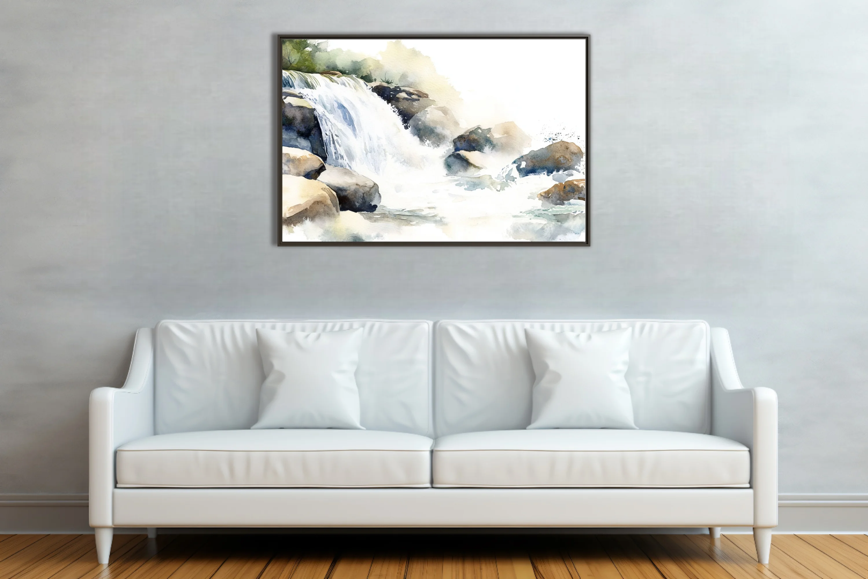 Watercolor-style waterfall and rocky stream scene in soft blues and earthy tones