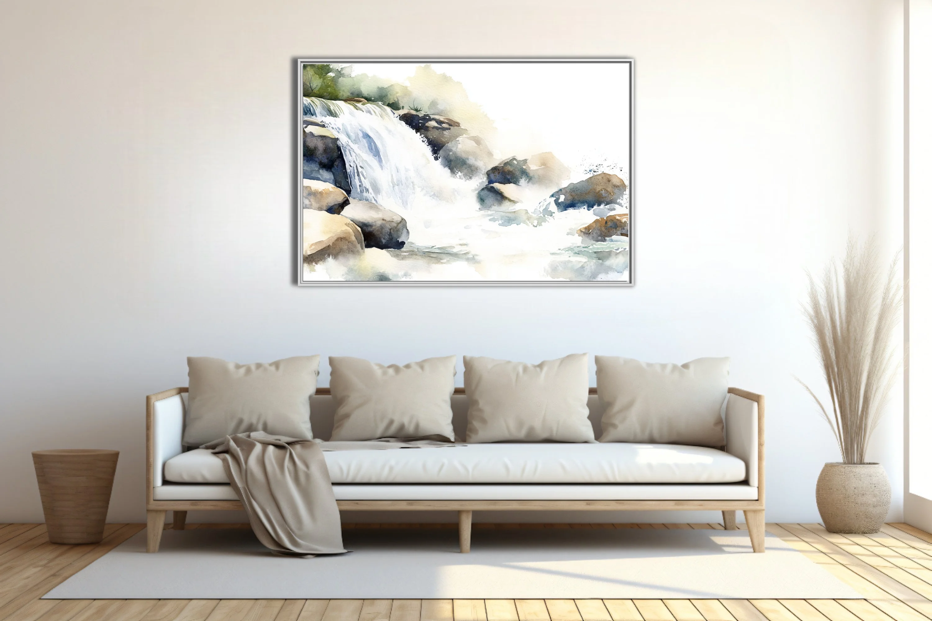 Watercolor-style waterfall and rocky stream scene in soft blues and earthy tones
