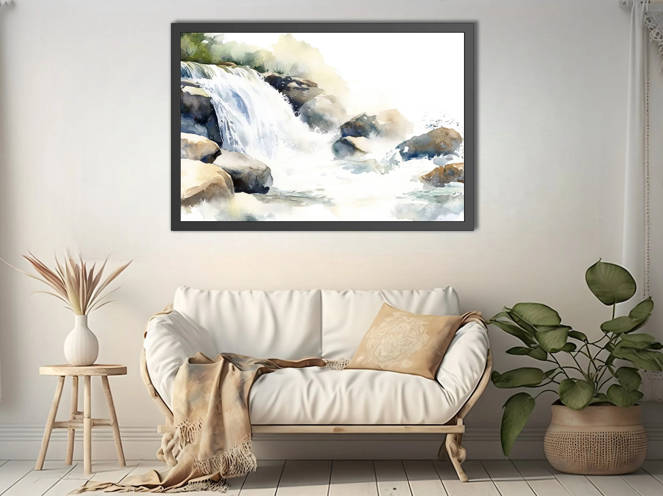 Watercolor-style waterfall and rocky stream scene in soft blues and earthy tones