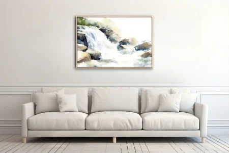 Watercolor-style waterfall and rocky stream scene in soft blues and earthy tones