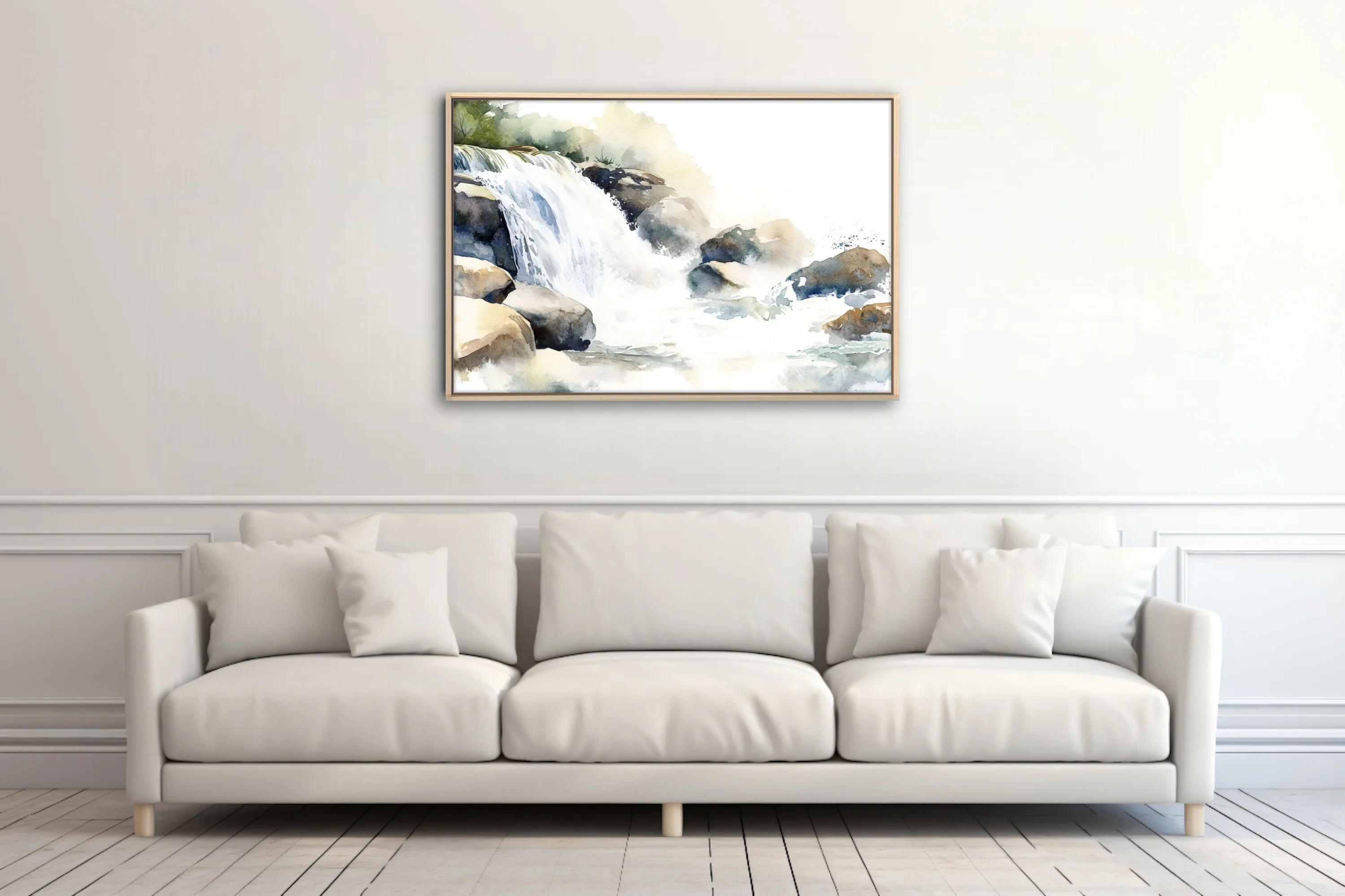 Watercolor-style waterfall and rocky stream scene in soft blues and earthy tones
