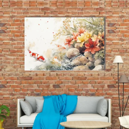 Watercolor-style koi fish and florals by rocky stream, warm coral and amber tones