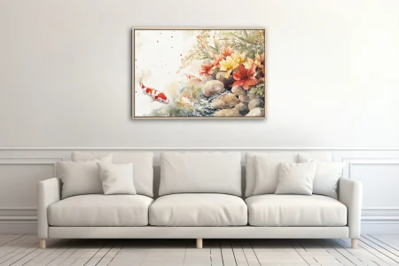 Watercolor-style koi fish and florals by rocky stream, warm coral and amber tones