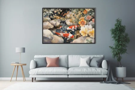 Watercolor-style koi fish and florals in a rocky garden stream, warm terracotta palette