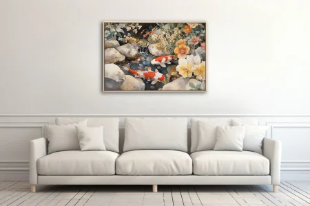 Watercolor-style koi fish and florals in a rocky garden stream, warm terracotta palette