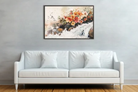 Watercolor-style wildflowers above a rushing mountain stream in warm corals, yellows, and mossy greens