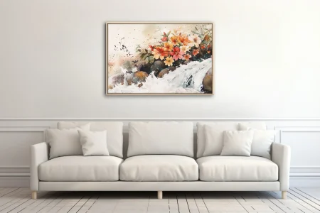 Watercolor-style wildflowers above a rushing mountain stream in warm corals, yellows, and mossy greens