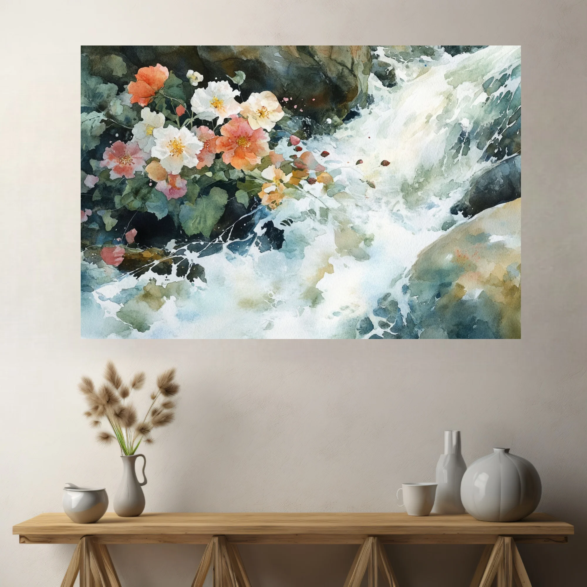 Watercolor-style wild roses beside a rushing mountain stream, coral and cream blossoms with mossy greens