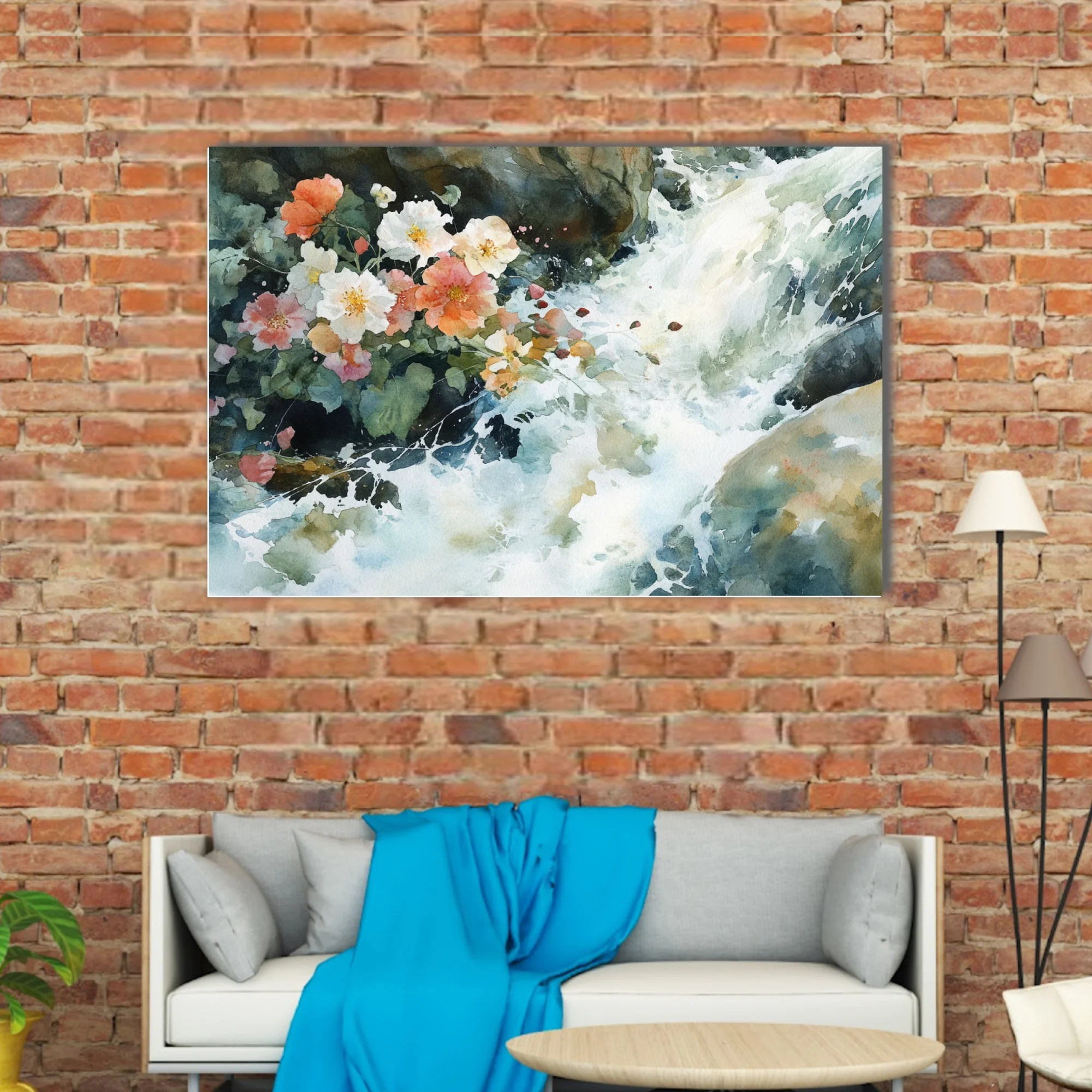 Watercolor-style wild roses beside a rushing mountain stream, coral and cream blossoms with mossy greens