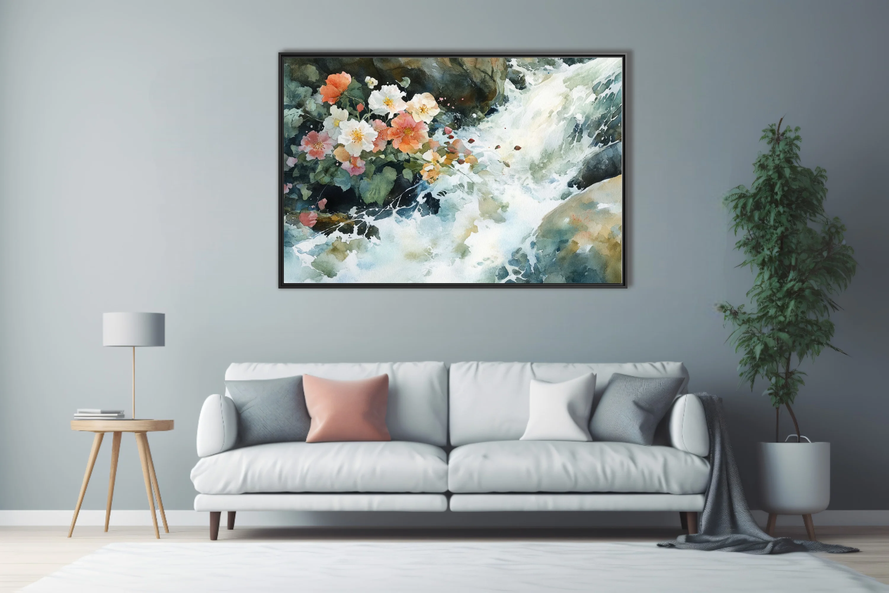 Watercolor-style wild roses beside a rushing mountain stream, coral and cream blossoms with mossy greens