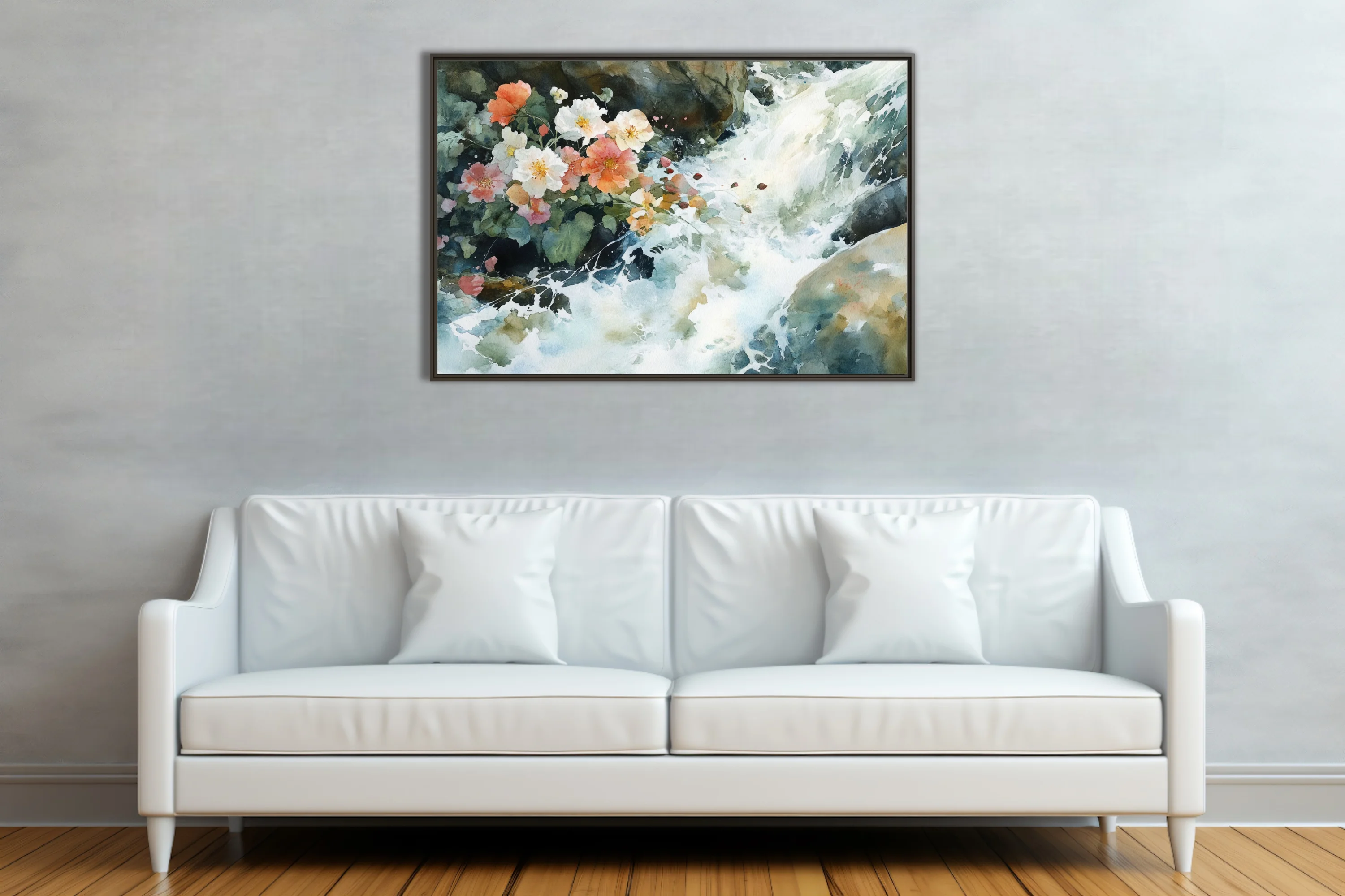 Watercolor-style wild roses beside a rushing mountain stream, coral and cream blossoms with mossy greens