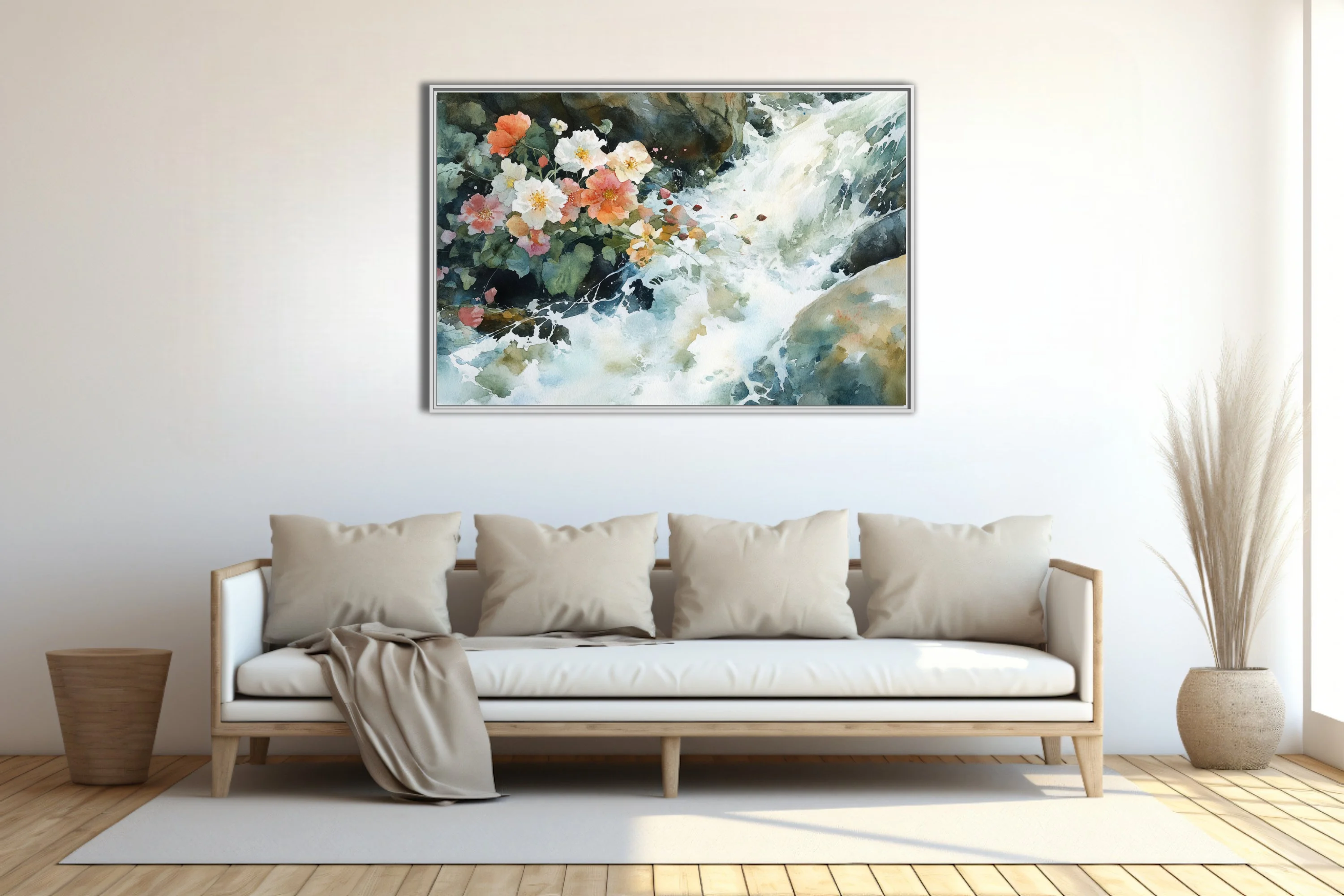 Watercolor-style wild roses beside a rushing mountain stream, coral and cream blossoms with mossy greens