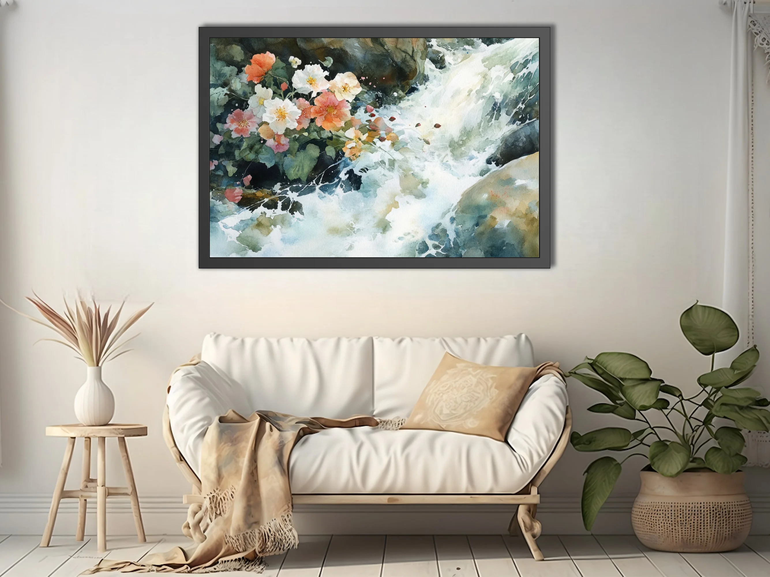 Watercolor-style wild roses beside a rushing mountain stream, coral and cream blossoms with mossy greens