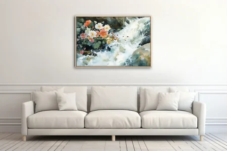 Watercolor-style wild roses beside a rushing mountain stream, coral and cream blossoms with mossy greens