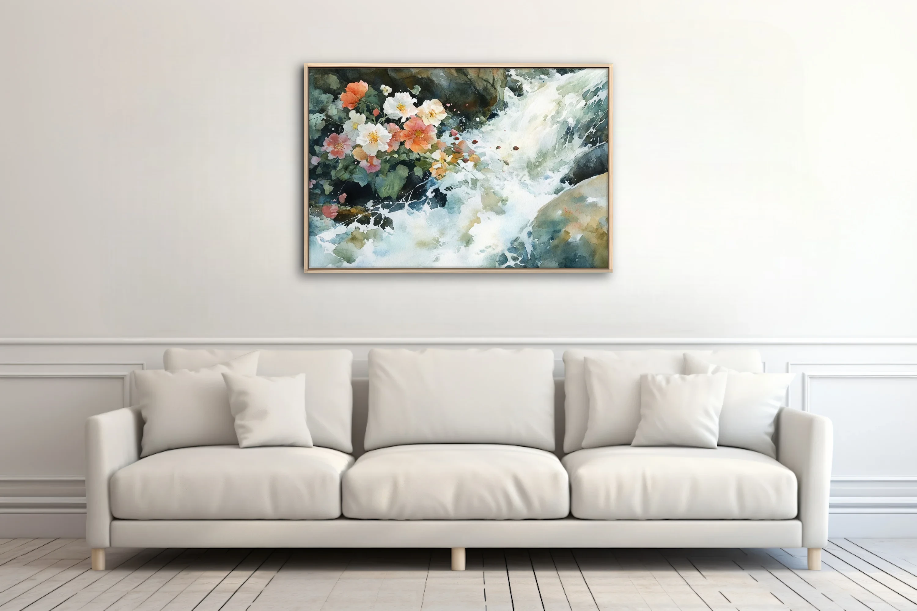 Watercolor-style wild roses beside a rushing mountain stream, coral and cream blossoms with mossy greens