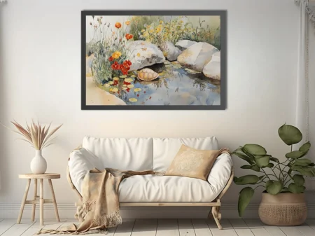 Watercolor-style turtle resting in a wildflower pond with stones and lily pads in soft warm tones