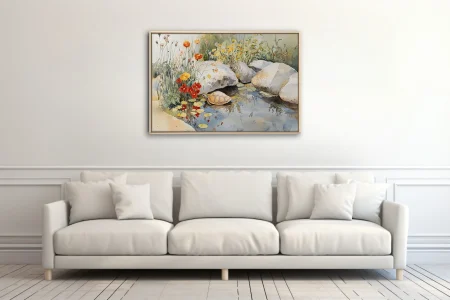 Watercolor-style turtle resting in a wildflower pond with stones and lily pads in soft warm tones