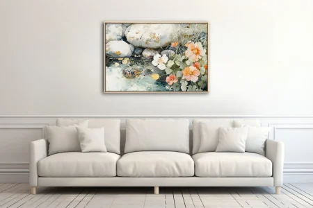 Watercolor-style turtle among rocks, lily pads, and peach flowers, sage and soft tones