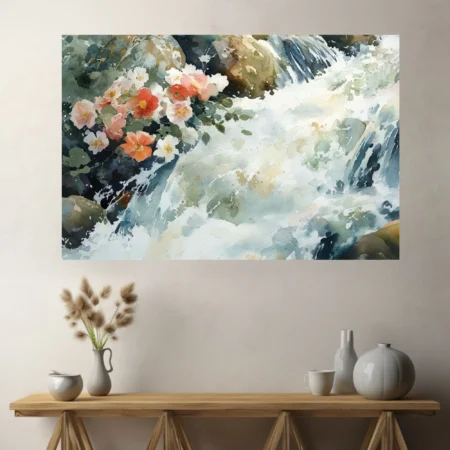 Watercolor-style floral and rushing stream composition in coral, white, and sage tones