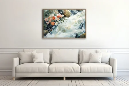 Watercolor-style floral and rushing stream composition in coral, white, and sage tones
