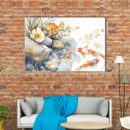 Minimalist watercolor-style koi pond with florals, stones, warm terracotta tones