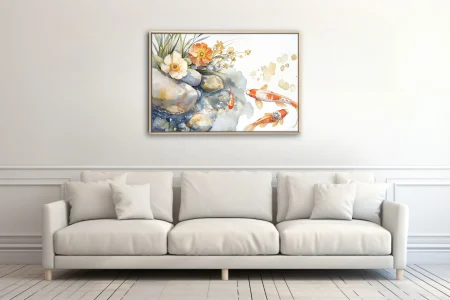 Minimalist watercolor-style koi pond with florals, stones, warm terracotta tones