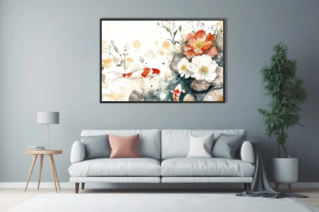 Japanese-style watercolor koi fish and peony florals in soft amber and red tones