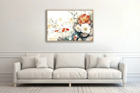 Japanese-style watercolor koi fish and peony florals in soft amber and red tones