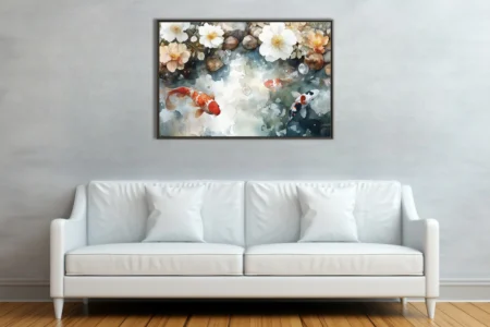 Minimalist watercolor-style koi fish and white blossoms in muted teal and russet tones