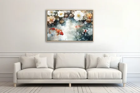 Minimalist watercolor-style koi fish and white blossoms in muted teal and russet tones