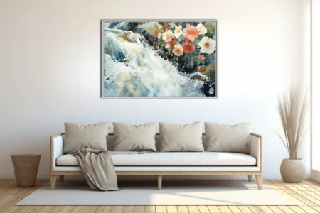 Watercolor-style rushing stream with coral and white blooms, soft naturalistic palette