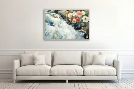 Watercolor-style rushing stream with coral and white blooms, soft naturalistic palette