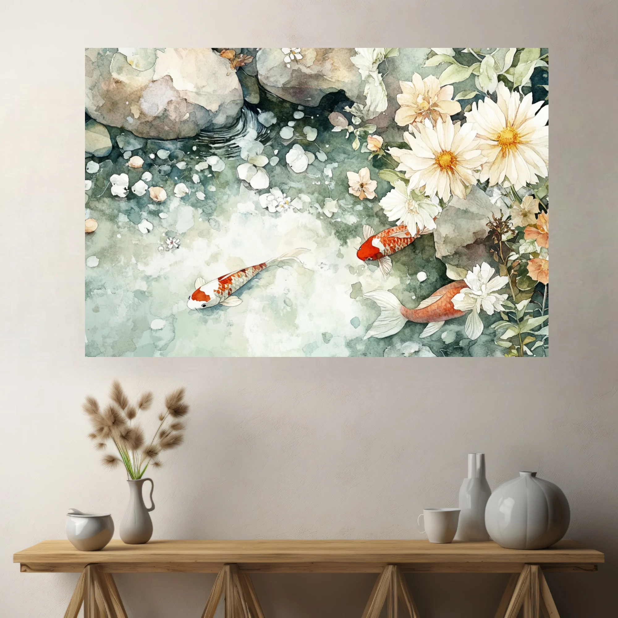 Watercolor-style koi pond with white daisy blooms and stone — sage green palette